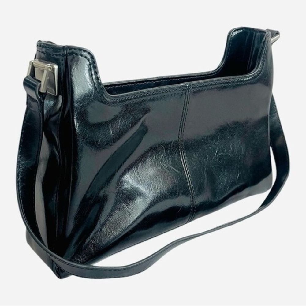 Liz Claiborne Black Patent Leatherette Shoulder Bag Glossy Medium Purse Vintage - Picture 4 of 6